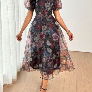 Floral Chiffon Midi Dress Puff Sleeves Elegant A-Line